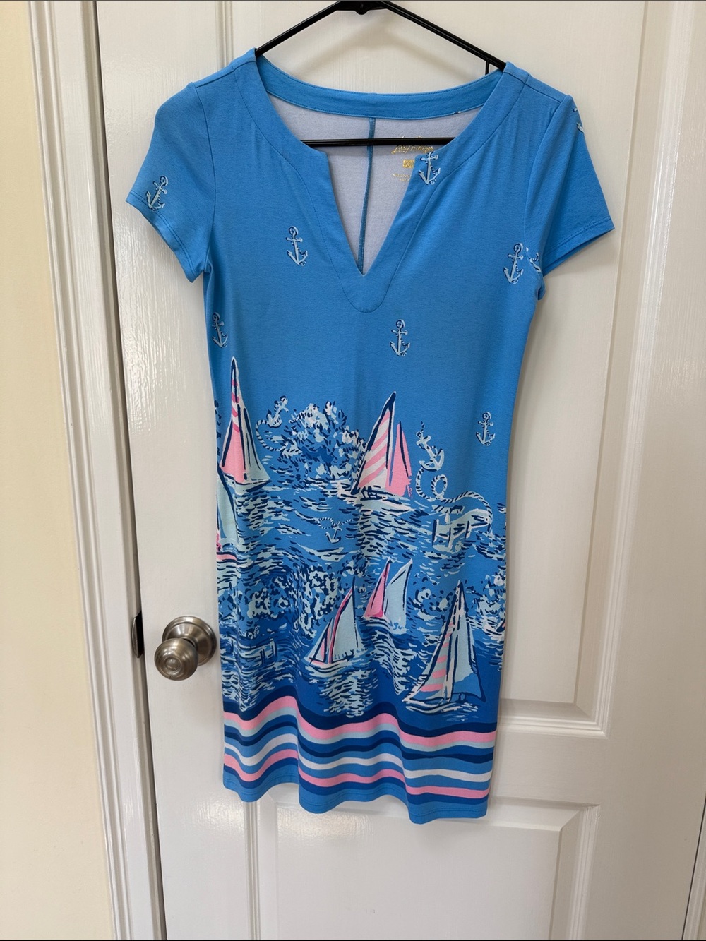 Lilly Pulitzer Blue Pink Sailboat V‑Neck Mini Dress